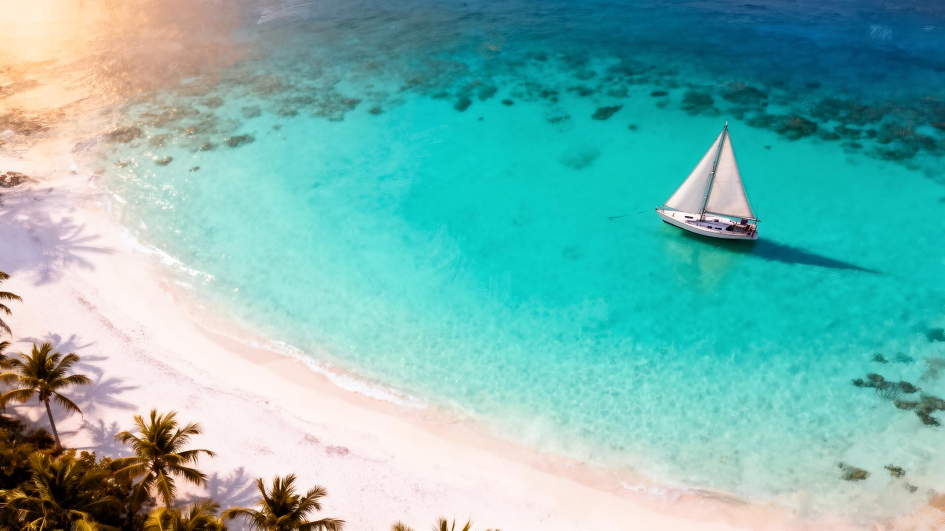 Aerial view of a sailboat on a turquoise lagoon